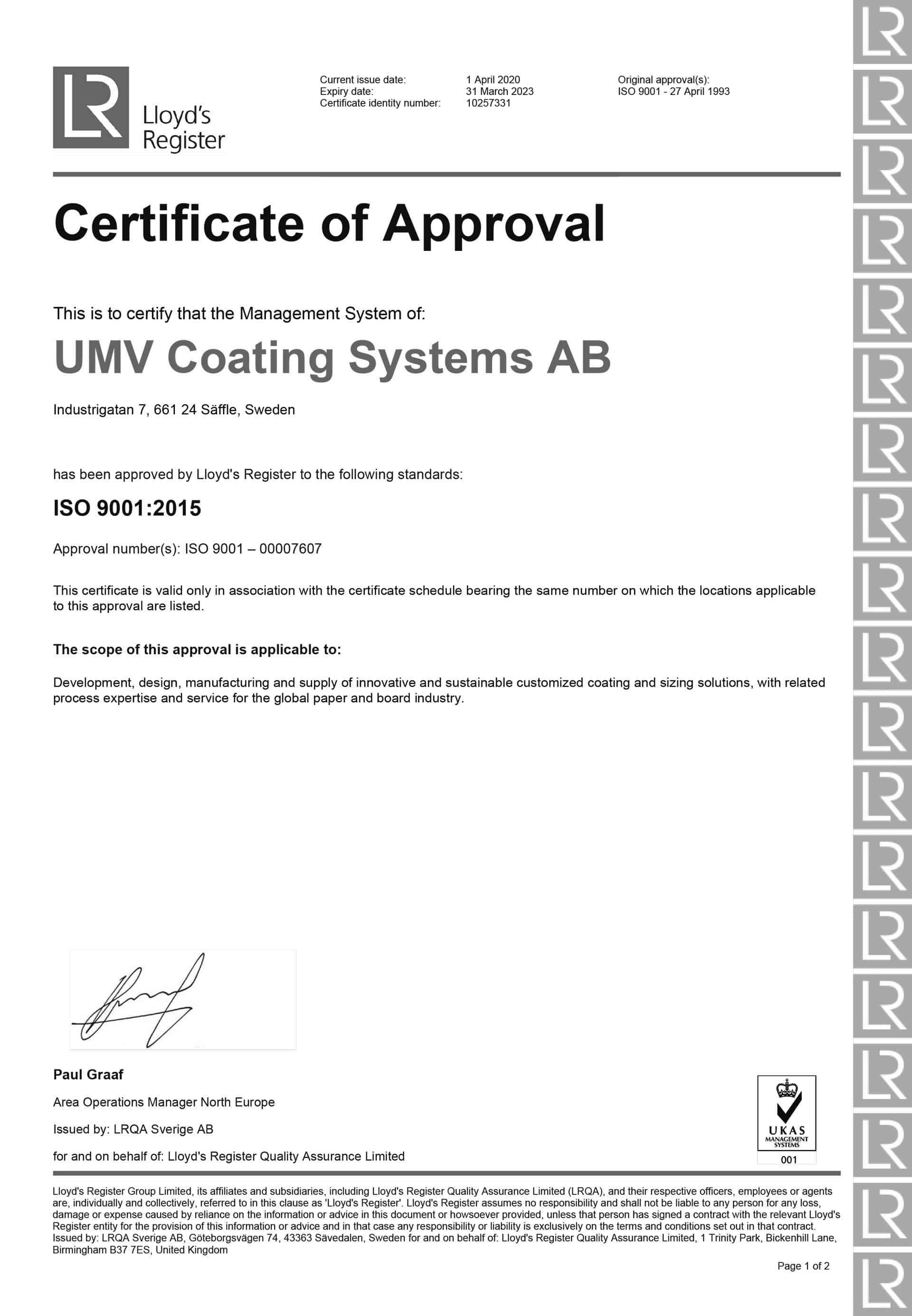 Certificate of Approval for ISO 9001:215 standard
